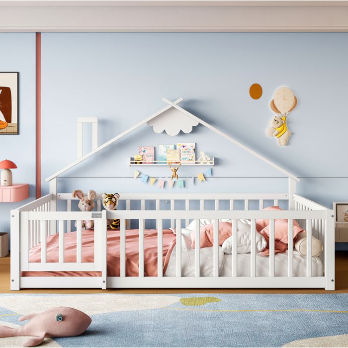 Lit enfant cabane 140 x 190 cm – blanc – barrières de sécurité avec portillon verrouillable