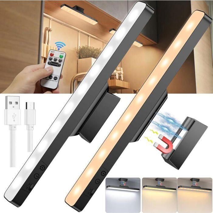2 Pcs LED Cuisine Sous Meuble Avec Télécommande 3200mAh Lampe LED Rechargeable Eclairage Darmoire Dimmable S ECLAIRAGE DE MEUBLE