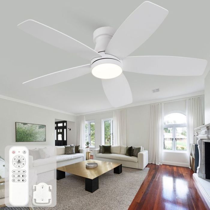 Ventilateur plafond 42 pouces silencieux à lumière pales bois bicolore Blanc/Naturel moteur DC contrôle par télécommande