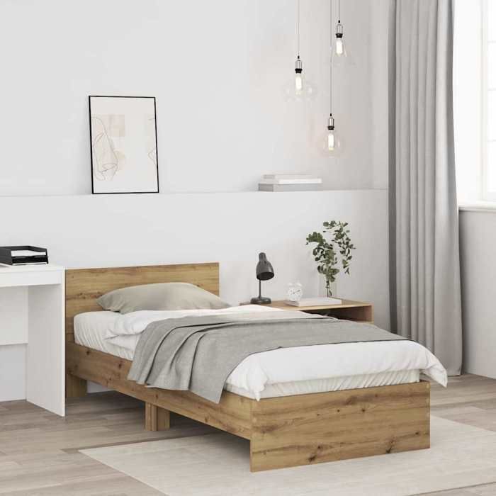 Promo“Cadre de Lit avec Tête de Lit 1 place Chêne Artisanal 90x190 cm en bois pour Chambre 902399