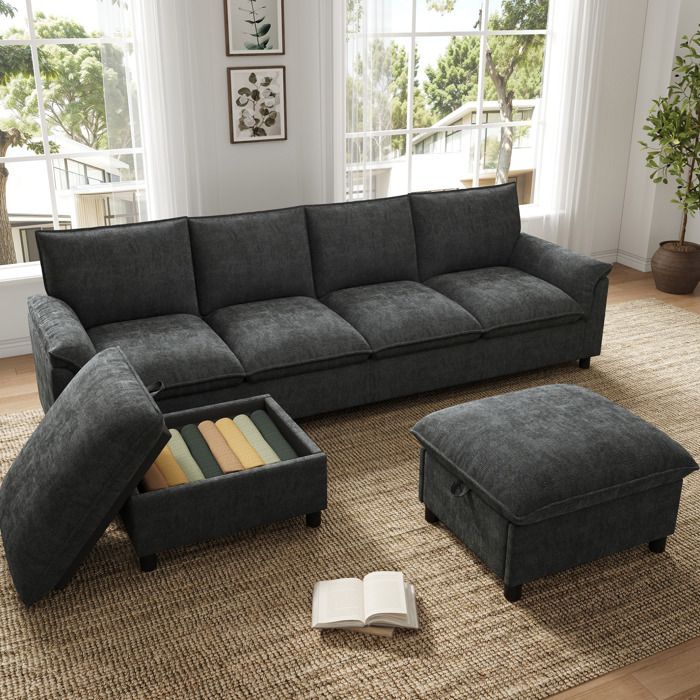 Canapé modulable en U 4 places avec assise profonde et 2 poufs coffre - BEAUNIV - dossier haut chenille noir