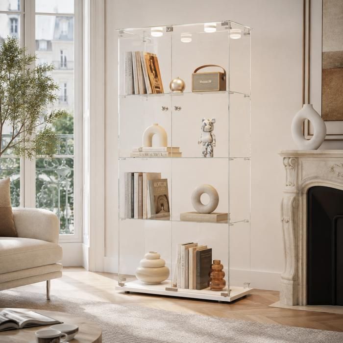 Vitrine en Verre avec éclairage LED et Serrure de Sécurité Vitrine Armoire 4 Étagères 2 Portes Verre Trempé Blanc