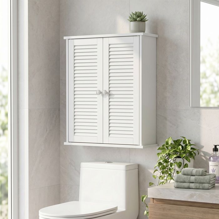 Armoire murale de salle de bain meuble de rangement suspendu avec 2 portes persiennes et étagère réglable blanc Armoire murale de salle de bain meuble de rangement suspendu avec 2 portes persiennes et étagère réglable blanc