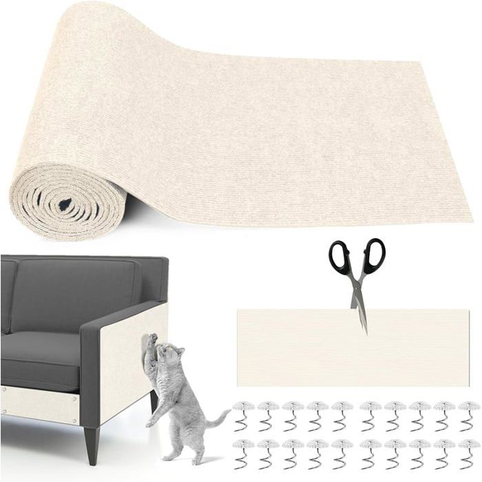 Chat 300cm x 40cm Tapis Griffoir Auto Adhésif Blanc Cassé DIY Protege Canape Griffe Ghat Anti Griffe Trimmable avec 20 Vis