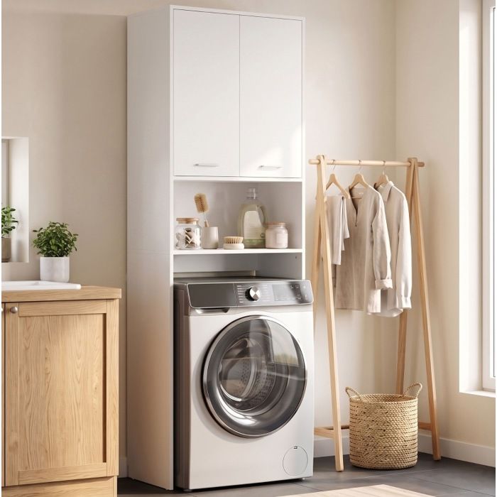 Colonne de salle de bain EVRYAE 66 x 24 x 191 cm meuble au-dessus machine à laver 2 portes niche ouverte blanc
