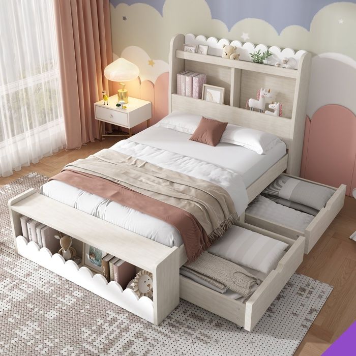 Lit enfant avec rangement 90x190 cm blanc et chêne avec tiroirs étagères et banc de rangement