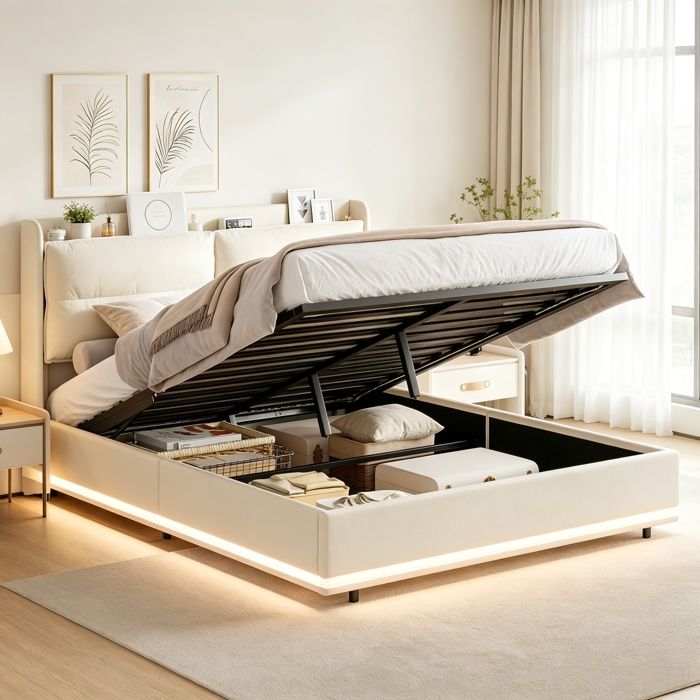 Lit coffre 160x200 cm lit 2 personnes avec sommier coffre hydraulique LED ports USB tissu en velours beige Lit coffre 160x200 cm lit 2 personnes avec sommier coffre hydraulique LED ports USB tissu en velours beige