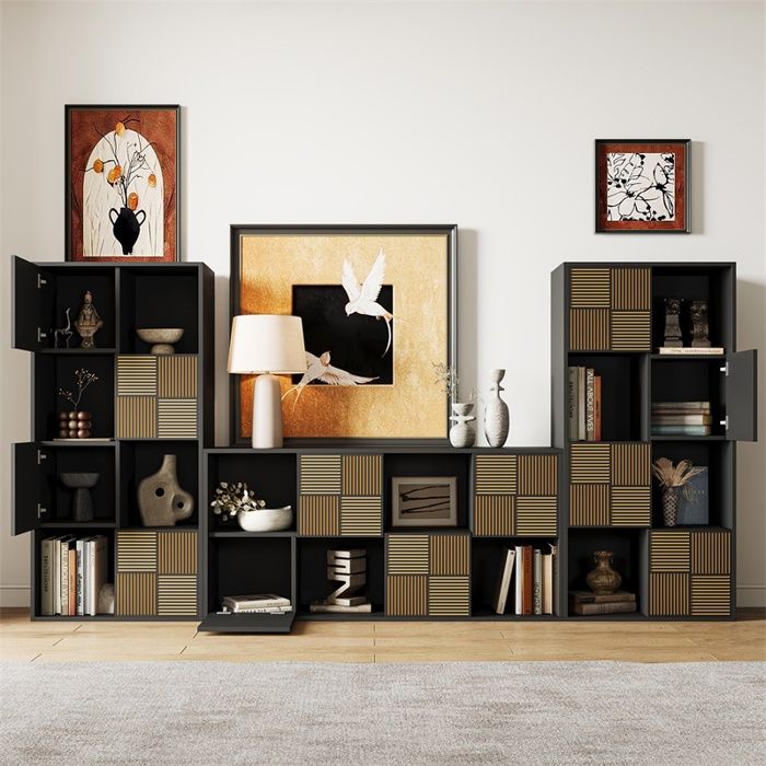 Bibliothèque à casiers 125x30x60cm - Meuble de rangement modulaire avec portes à lattes polyvalente style moderne - Noir mat Bibliothèque à casiers 125x30x60cm - Meuble de rangement modulaire avec portes à lattes polyvalente style moderne - Noir mat