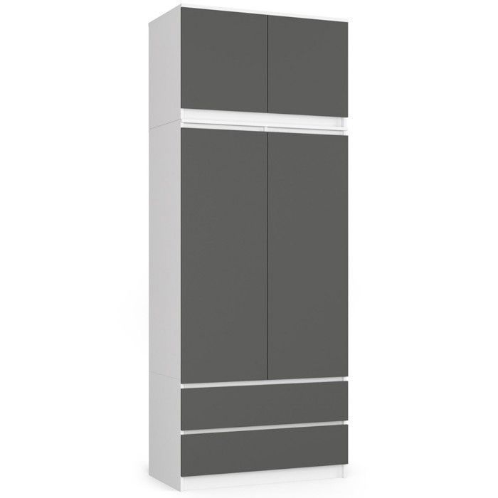 Armoire avec surmeuble AKORD S90 Blanche 90 cm 2 portes 2 tiroirs façade Gris Graphite 6 étagères 90x51x234 cm Armoire avec surmeuble AKORD S90 Blanche 90 cm 2 portes 2 tiroirs façade Gris Graphite 6 étagères 90x51x234 cm