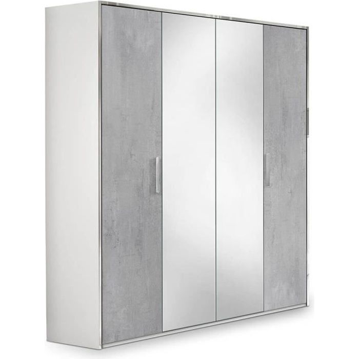 armoire - altobuy - lana - 4 portes - penderie - miroir - blanc brillant - aspect ciment
