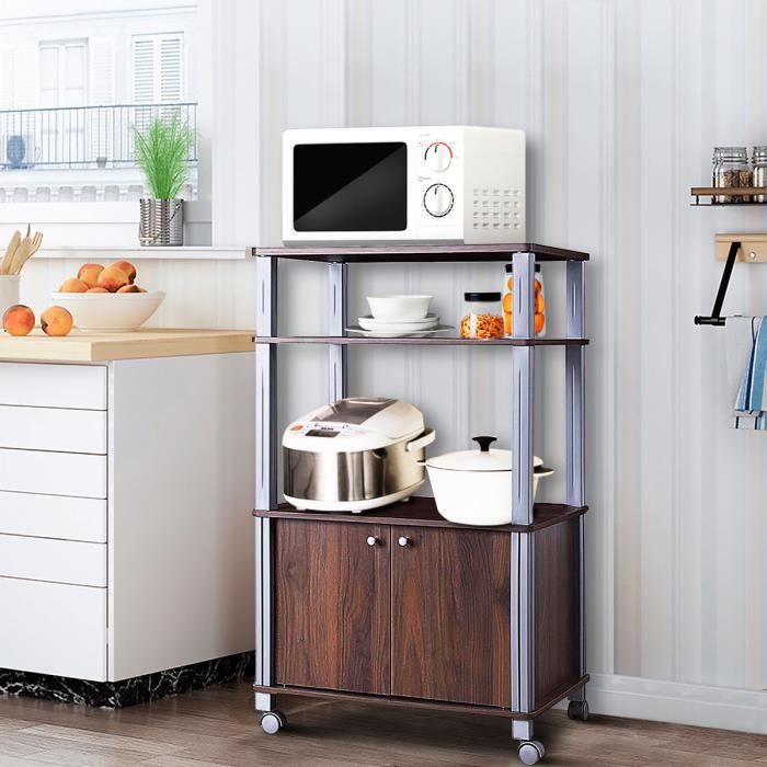 Meuble pour Micro Onde Étagère de Cuisine pour Four en Bois avec 3 Couches Roues 60 x 40 x 98 CM Brun