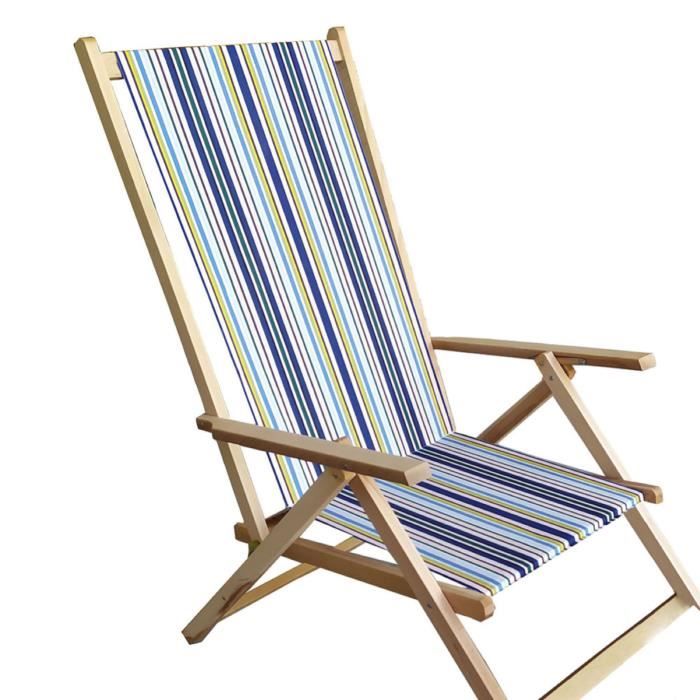 chaise de plage pliante - bois - toile blanche à motifs