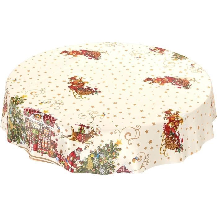 Nappe De Noël Rectangulaire PVC - Motif Père Noël & Feuilles - 140x150cm Rouge - Teknigomme