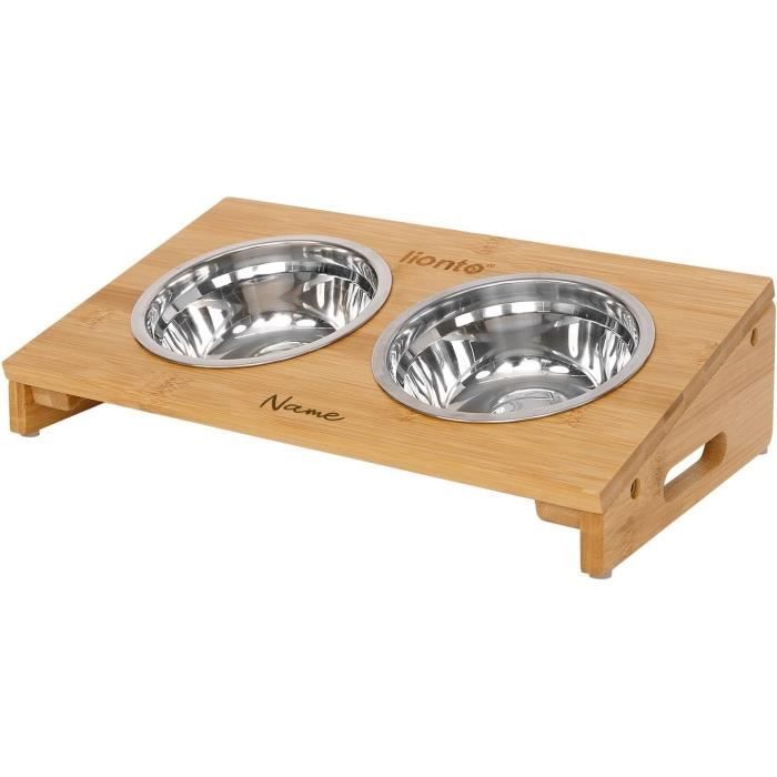 Gamelle Surélevée Réglable En Hauteur Pour Chien/chat - Support En Bambou, 2 Bols Inox, 5 Niveaux De Hauteur, Pour Une Posture Saine