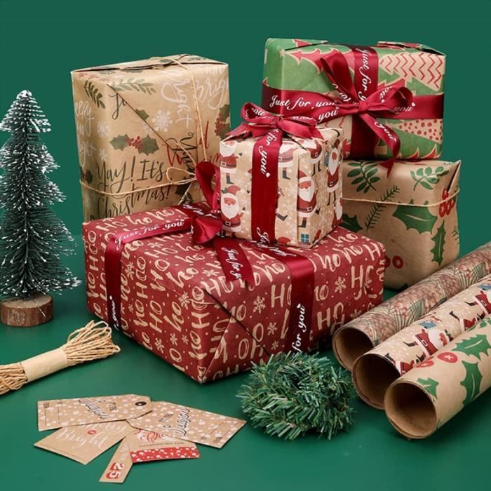 Kit Papier Cadeau Noël | 5 Rouleaux Kraft 43cm X 3m | 50 étiquettes + Ficelles | Écologique Et Résistant