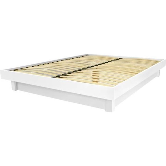 lit plateforme bois massif - marque - blanc - 140x190 - a lattes - 2 personnes