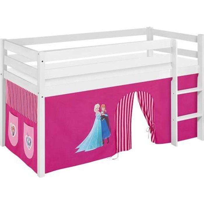 Lit surélevé ludique JELLE 90 x 190 cm Frozen rose - avec rideaux - LILOKIDS - blanc laqué - Disney accessoires pour lit mezzanine d