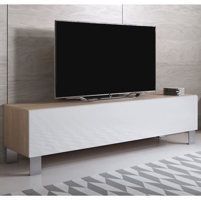 Design Ameublement - Meuble TV LUKE H2 Sur pieds aluminium 12 cm - Sonoma et Blanc Mat - 160x42x40cm Design Ameublement - Meuble TV LUKE H2 Sur pieds aluminium 12 cm - Sonoma et Blanc Mat - 160x42x40cm