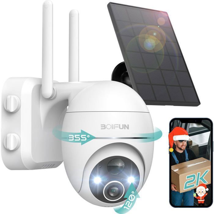 BOIFUN 2K Camera Surveillance WiFi Exterieure sans Fil Solaire 360°  Rotation Vision Nocturne Couleur Détection Humaine PIR Audio - Cdiscount  Bricolage