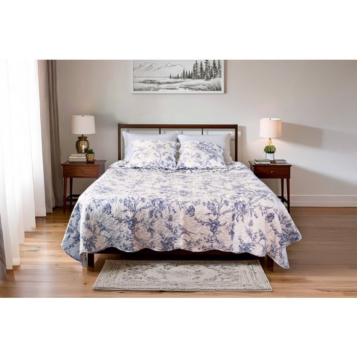 Dessus De Lit Piqué Coton Bleu - 2 Places 200x266 Cm - Fabriqué Italie