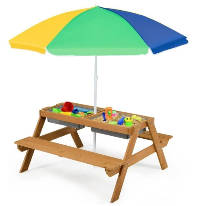 Bac à Sable En Bois DREAMADE Avec Auvent 360°, 3 Bancs, Table Pliable – Jeu 3-en-1 Pour Jardin Et Plage, Dès 3 Ans