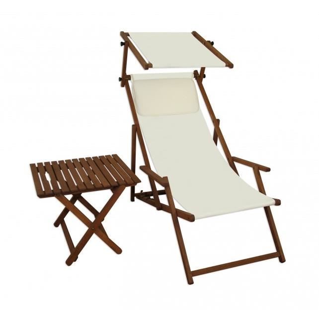 chaise longue de jardin blanche, bain de soleil pliant avec pare-soleil, table oreiller 10-303stkh