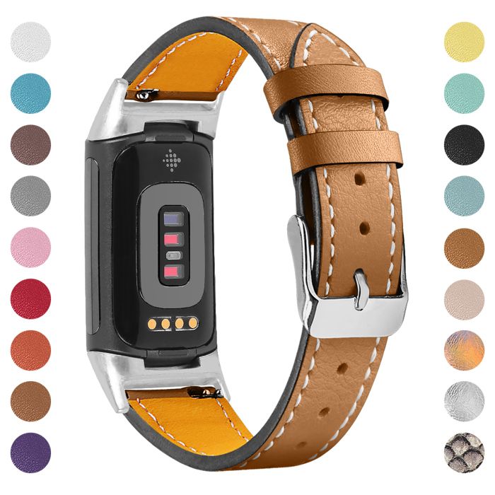 INF Bracelet de montre en cuir véritable pour Fitbit Charge 5/6 café
