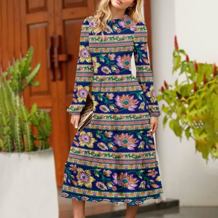 Robe Longue En Lin Floral Bohème - Manches Longues, Décolleté, Taille Haute, Neuve Sans étiquette