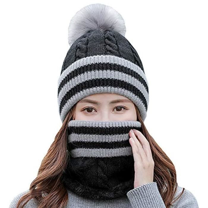 Ensemble bonnet d'hiver pour enfant Bonnet tricoté avec pompon Avec gants Chaud Bonnet pour garçon Doublure polaire En tricot 
