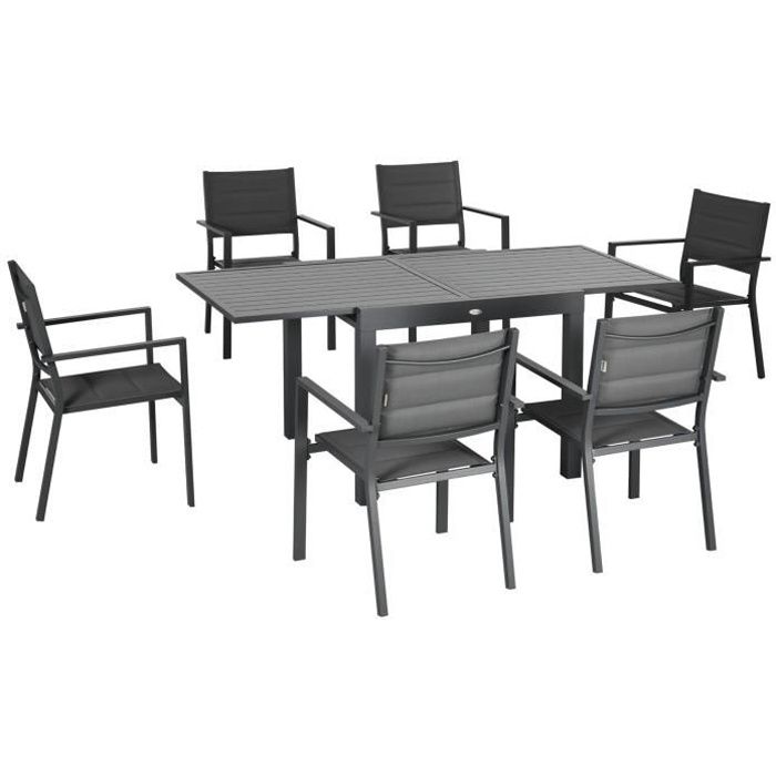 Ensemble de jardin 6 personnes chaises empilables table extensible 90/180L cm alu. textilène gris 180x89x74cm Noir