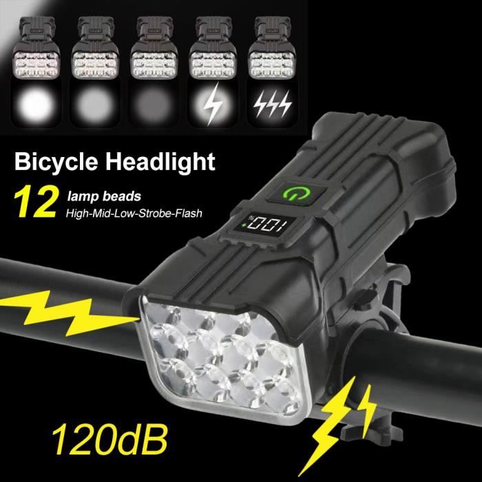 Éclairage Vélo LED Puissant 1200 Lumen - Étanche, Rechargeable USB, Noir, Neuf