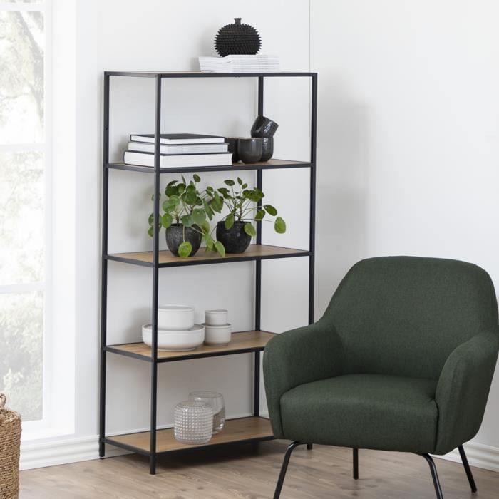 noir 5 tablettes style industriel Bibliothèque KRAPINA 150 cm chêne