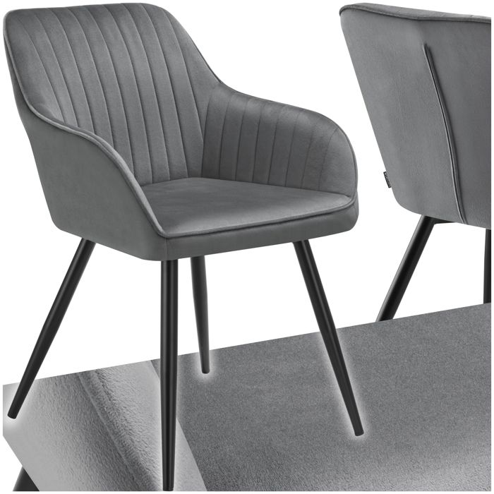 Chaise - TECTAKE - Chaise MARILYN effet velours capitonné rembourrée et pieds en acier noir 58 x 62 x 82 cm - Gris