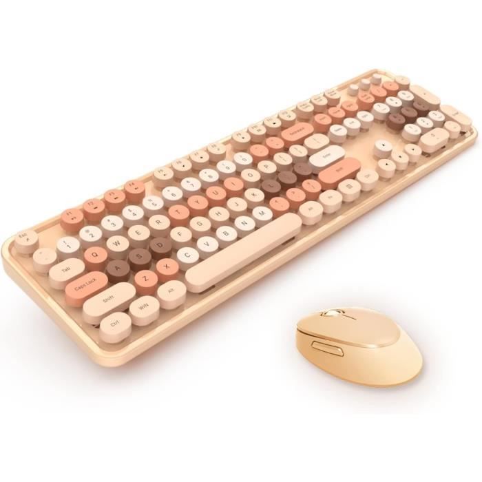 SOLIDEE Combo Clavier Souris Sans Fil Machine à Écrire - 104 Touches Rondes Violet Ours QWERTY US