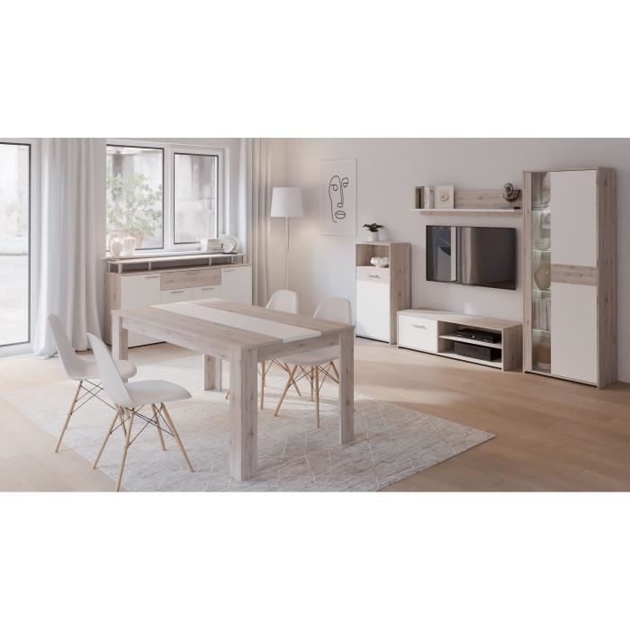 Ensemble meuble télé - buffet 170cm - table à manger 160cm - Contemporain - Blanc et décor chêne