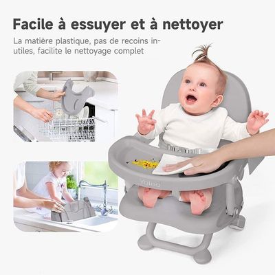 Rehausseur Chaise Bébé Pliable Portable Gris - Chaise Haute Évolutive Dès 6 Mois Avec Sac Amovible - Intérieur Extérieur