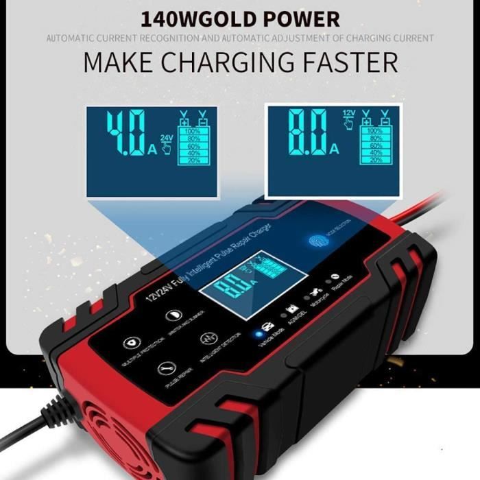 Chargeur de Batterie Intelligent 8A 12V-24V Chargeur Batterie Moto Portable  LCD écran pour Batterie de Voiture Moto