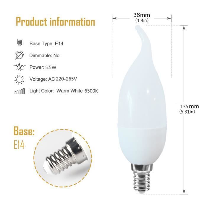 Ampoule LED E14 Flamme 5W blanc froid ou blanc chaud Couleur LED: Blanc  Froid (6000-6500K)
