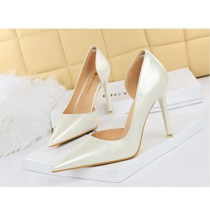 Escarpin Femme Talon aiguille cuir verni brillant Jaune Achat