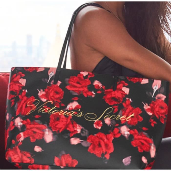 Victoria Secret New Floral Red Roses Flower Black Tote Noir