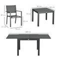 Ensemble de jardin 6 personnes chaises empilables table extensible 90/180L cm alu. textilène gris 180x89x74cm Noir-2