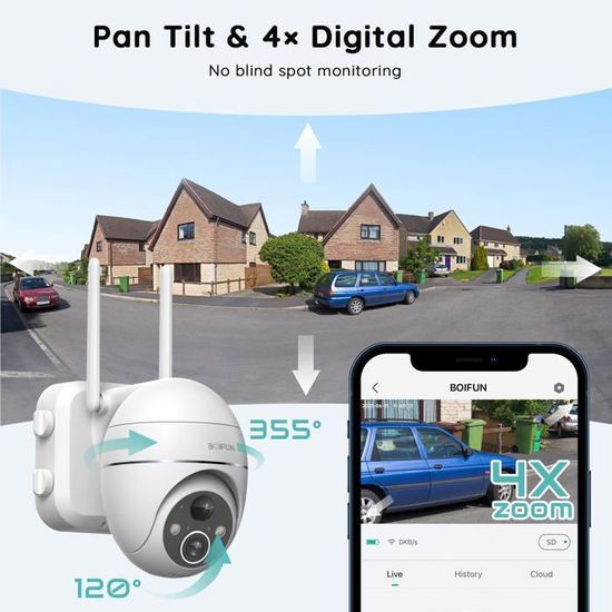BOIFUN 2K Camera Surveillance WiFi Exterieure sans Fil Solaire 360°  Rotation Vision Nocturne Couleur Détection Humaine PIR Audio