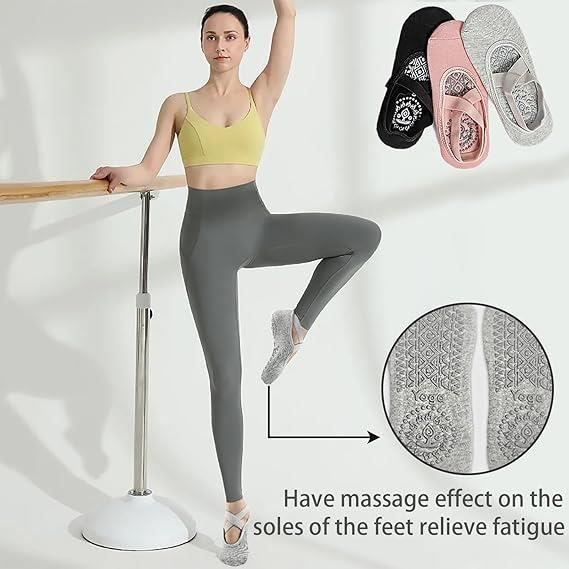 Chaussettes Pilates Femme 4 Paires Chaussettes Yoga Antidérapantes - Coton 5 Doigts Sangles Chaussette Antiderapante Femme