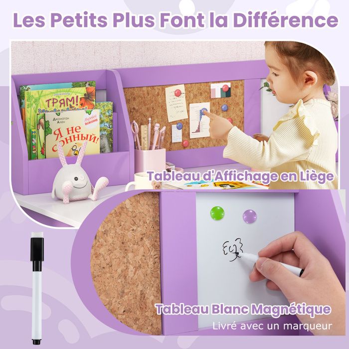 COSTWAY 2 en 1 Bureau Enfants avec Hauteur Réglable, Tableau Enfants Double Face en HDPE avec Tabouret & Etagère de Rangement, Chevalet Magnétique pour Enfants de 3 Ans+(Bleu
