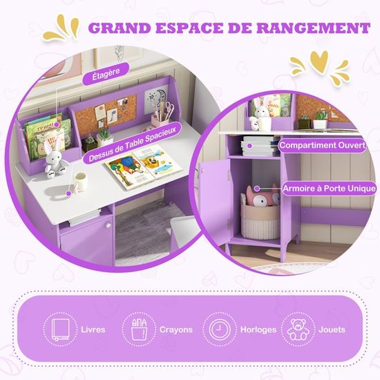 COSTWAY Bureau Enfant 3-8 Ans Avec Chaise, Étagère & Tableau Liège – Table Étude Bois 61 Cm Hauteur, Blanc Moderne