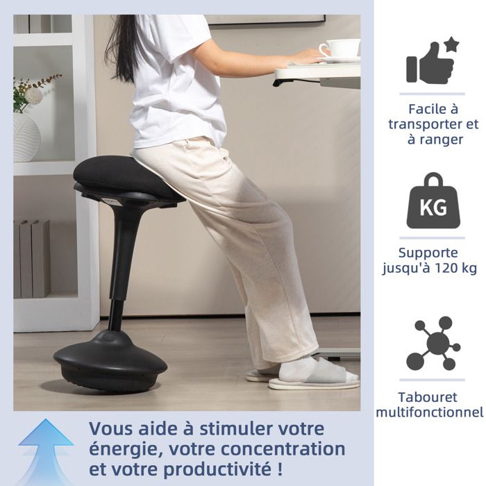 Tabouret De Bureau Réglable Hauteur - 47 à 65 Cm, Charge 140 Kg, Design Ergonomique, Pieds Antidérapants