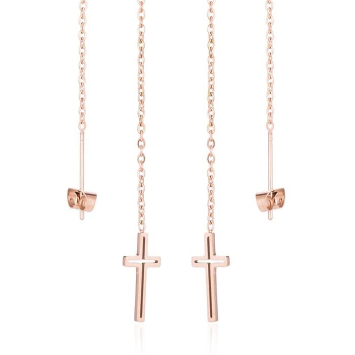 Boucles d'oreilles en inox avec croix ajourées d'étoiles - argentées ou dorées main image 1
