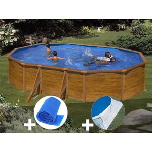 PISCINE Kit piscine acier aspect bois Gré Sicilia ovale 5,27 x 3,27 x 1,22 m + Bâche à bulles + Tapis de sol Aspect Bois