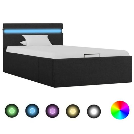 141•Modern Design Lit coffre contemporain Lit 1 PLACE|Cadre de lit à stockage avec LED Sommiers à Lattes|Gris foncé Tissu 90x200 cm