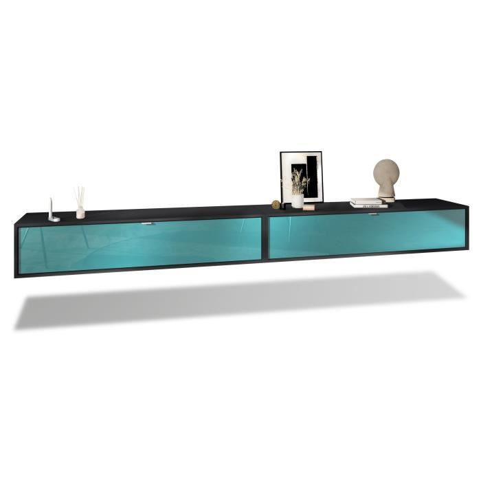 Ensemble de 2 set meuble TV Lana 140 murale lowboard 140 x 29 x 37 cm, caisson en Noir mat, façades en Turquoise haute brillance